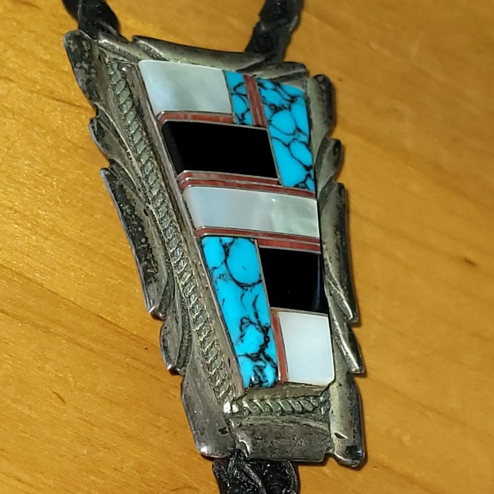 Vintage Zuni Sterling Silver Multi Stone Inlay Bolo Tie Turquoise Coral